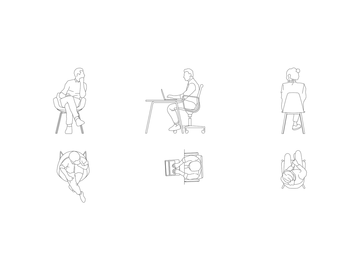 three cad blocks of seated young people in plan and elevation